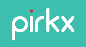pirkx logo, brand name is written in white on a green background with a red dot above the I