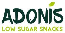 Adonis logo, underneath it says low sugar snacks
